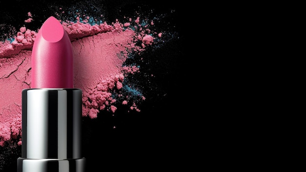 Rossetto rosa con polvere schiacciata su sfondo nero