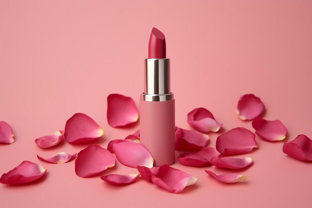 Rossetto rosa in mezzo a petali di rosa sparsi su uno sfondo rosa