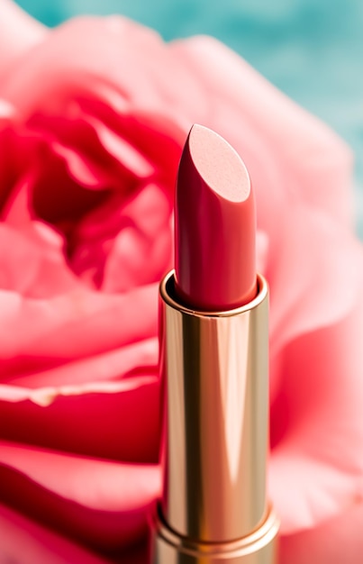 Rossetto rosa in un tubo d'oro e cosmetici di bellezza in fiore rosa in fiore e prodotti per il trucco generativi ai