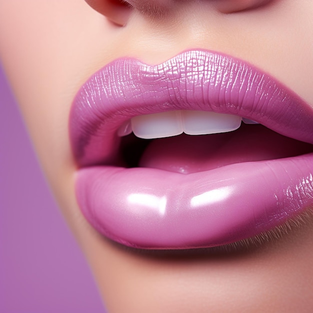 Rossetto rosa sulle labbra con sfondo viola