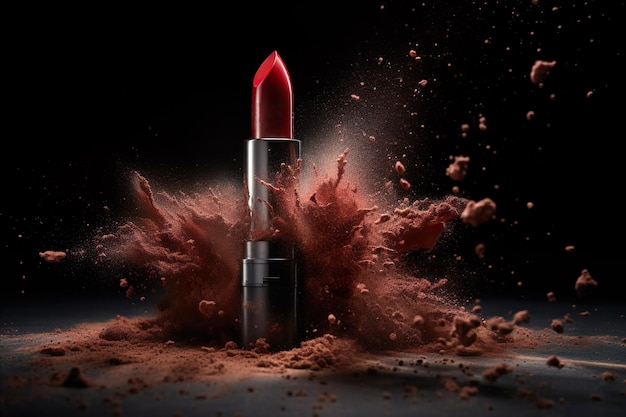 Rossetto rosso con spruzzata su sfondo scuro ai generativa