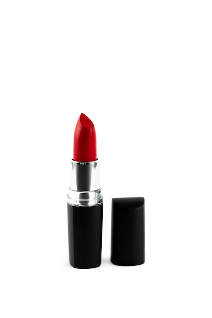 Rossetto rosso isolato su sfondo bianco Make up gloss in custodia nera