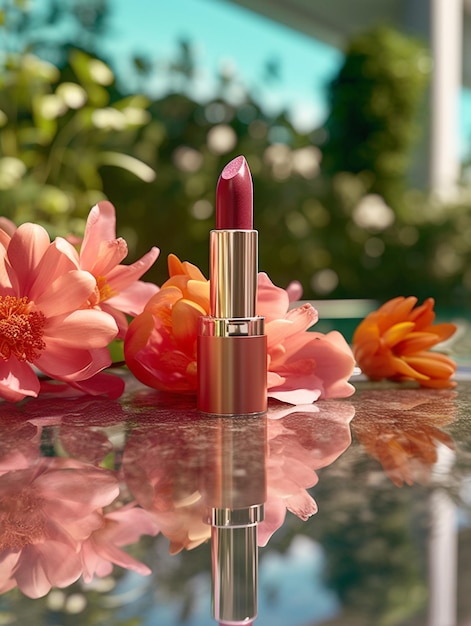 rossetto su un tavolo con fiori e un cielo azzurro sullo sfondo ai generativa