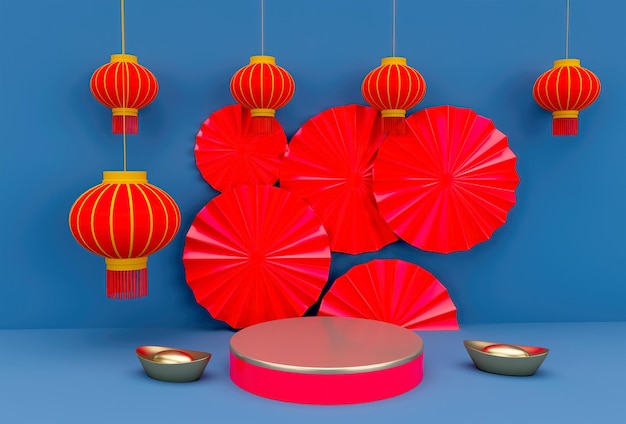 Rosso nodo cinese con nappa 3d illustrazione podio elemento festival asiatico su sfondo bianco