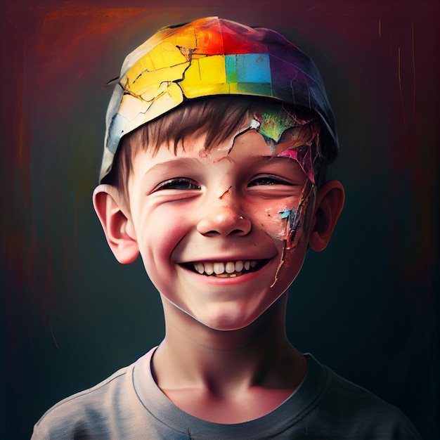 Rostro realista di un nino sonriendo con gorro de coloris