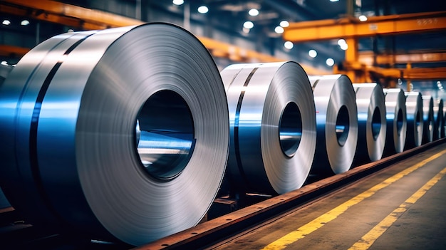Rotoli di acciaio galvanizzato all'interno di una fabbrica o di un magazzino Produzione metallurgica lamiera per stampaggio Focus selettivo