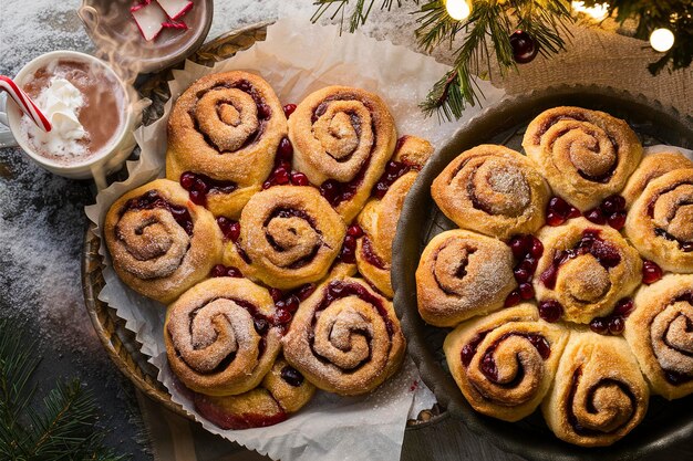 Rotoli di cannella di arance e mirtilli appena cotti per Natale