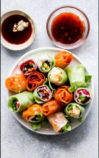 Rotoli di carta di riso estiva con frutta colorata e salsa piccante