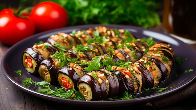 Rotoli di melanzane alla griglia ripieni di noci su un piatto con i pomodori