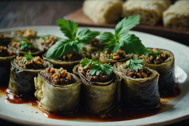 Rotoli di melanzane ripieni di pasta di noce, aglio e erbe