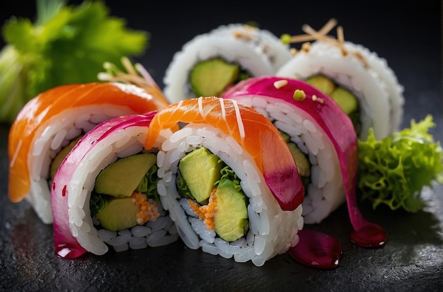 Rotoli di sushi con guarnizione di radice in salamoia