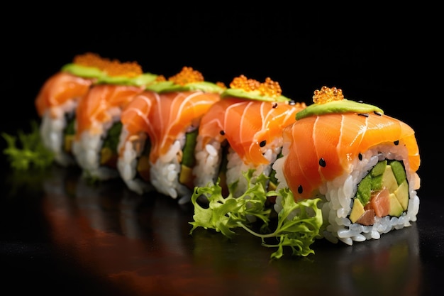 Rotoli di sushi con salmone e crema di formaggio su legno scuro