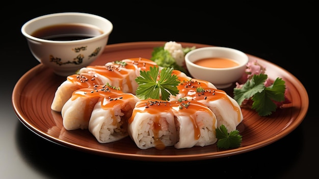 Rotoli di sushi con una ciotola di salsa di soia