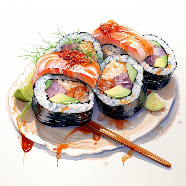 Rotoli di sushi illustrazione dell'acquerello del cibo tradizionale giapponese