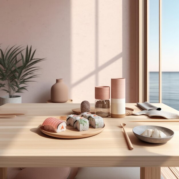 Rotoli di sushi maki sul tavolo di legno in una casa in riva al mare Design minimale bei colori pastello delicati