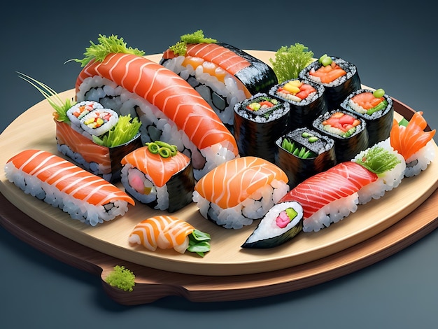 Rotoli di sushi su un vassoio con un adesivo che dice sushi illustrazione di piatti di sushi AI GENERATO