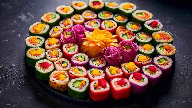 Rotoli di sushi variopinti sulla banda nera