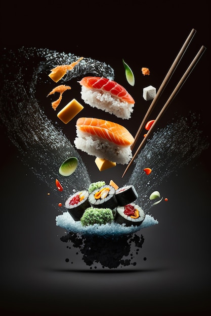 Rotolo di sushi che vola in aria Cibo maki giapponese su sfondo scuro AI generativo