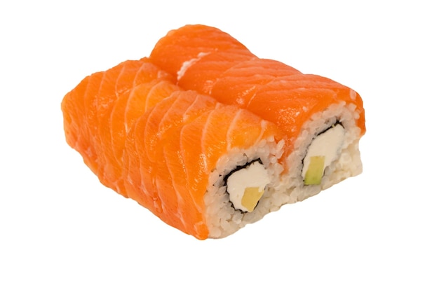 Rotolo di sushi con salmone isolato su sfondo bianco Vista dall'alto