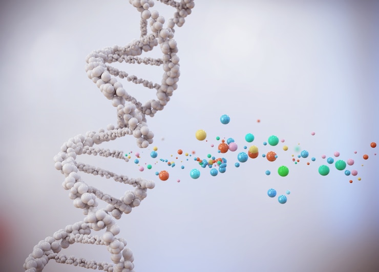 Foto rottura dell&#39;elica del dna, molecola o atomo, struttura astratta per scienza o sfondo medico