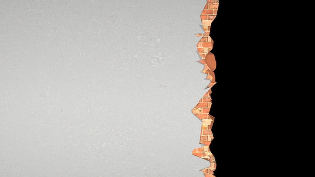 Rottura verticale in un muro di mattoni ricoperto di intonaco, illustrazione 3d