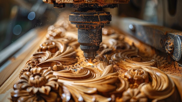 router CNC intaglio disegni intricati su una tavola di legno segatura volante