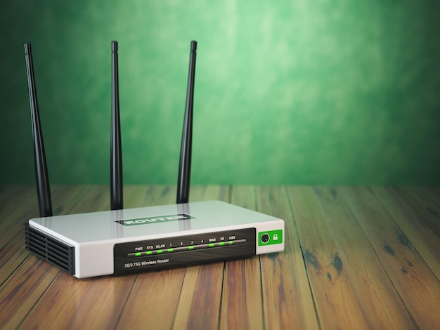 Router internet wireless WiFi sul tavolo di legno e sfondo verde