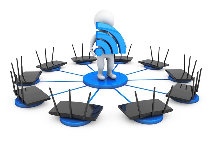 Photo routers around 3d person with wi-fi sign on a white background