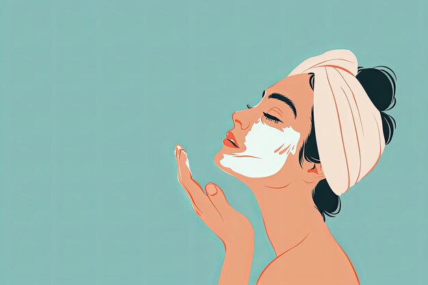 Routine di cura della pelle delle donne maschera e crema di applicazione davanti allo specchio stile piatto