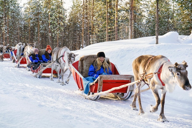 Rovaniemi, Finlandia - 5 marzo 2017: Safari in roulotte con slitta trainata da renne e persone nella foresta invernale a Rovaniemi, Lapponia, Finlandia settentrionale.