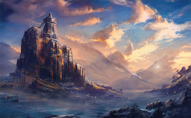 Rovine del castello medievale sulla scogliera in montagna Fantastico paesaggio magico delle montagne al tramonto Vecchio castello nella fiaba del paese delle fate illustrazione 3d