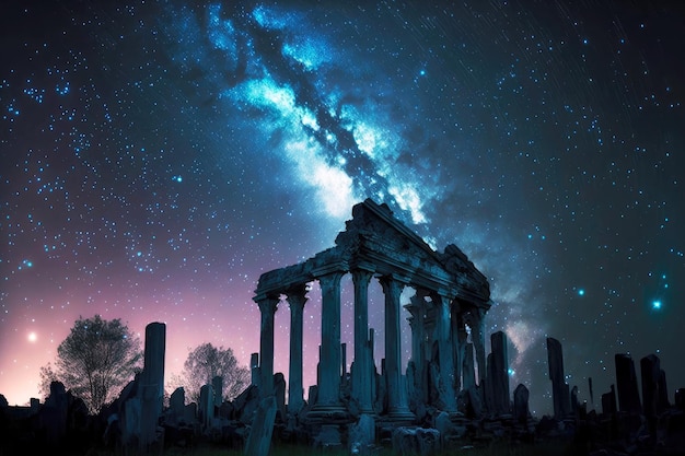 Rovine del palazzo illuminate da una luce magica nella notte delle stelle