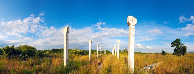 Rovine di fattorie sul campo estivo.