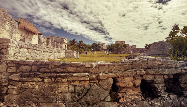 Rovine di un edificio Maya immerso in un prato verde: Veduta di alcune parti del complesso Maya a Tulum in Messico