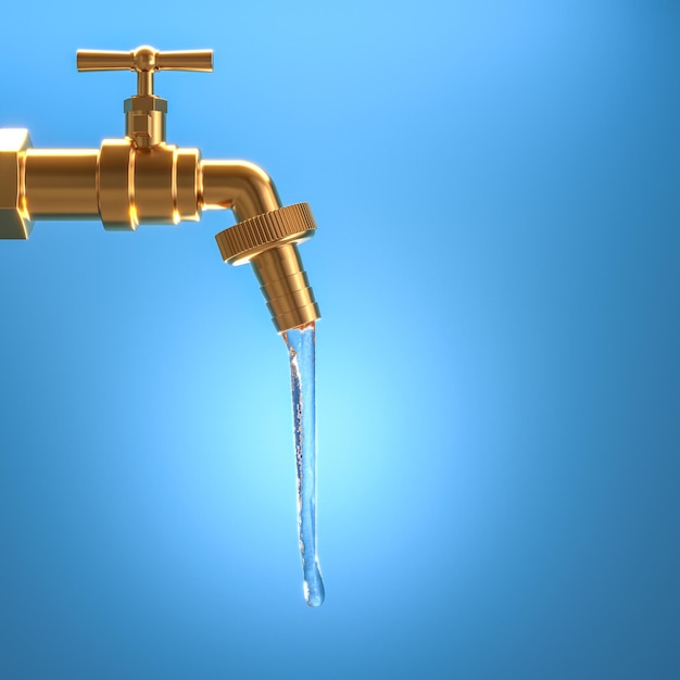 Rubinetto d'oro da cui esce acqua rendering 3d