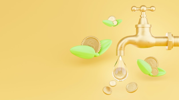 rubinetto dell'acqua con monete d'oro e il concetto di risparmio di denaro