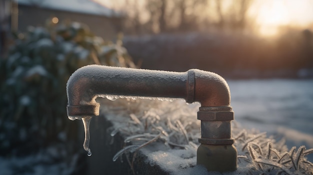 Rubinetto dell'acqua da giardino ghiacciato in una fredda mattina d'inverno Tubi e rubinetti congelati