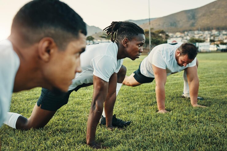 Foto rugby maschile e stretching per l'allenamento esercizio e squadra di persone sul campo con sinergia e pratica allenamento sport e fitness all'aperto sull'erba per il riscaldamento gioco e competizione con diversità