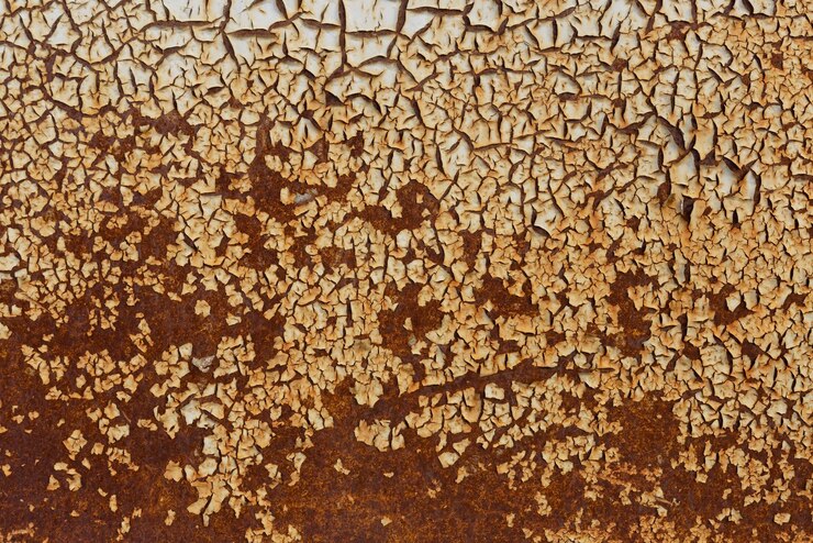Ruggine marrone e arancione e sporco su piastra smaltata bianca Struttura astratta marrone e bianca arrugginita Sfondo metallico bianco corroso per molteplici usi Superficie arrugginita con striature di ruggine Corrosione