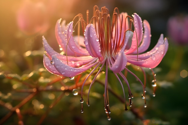 Rugiada mattutina sui fiori che sbocciano