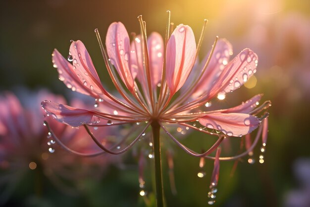 Rugiada mattutina sui fiori che sbocciano