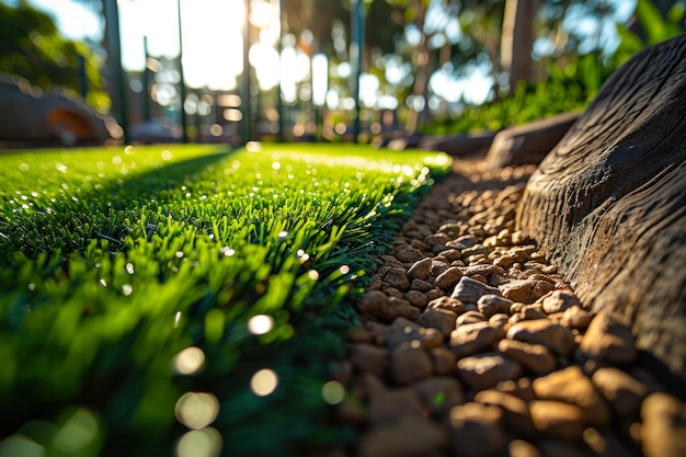 Rugiada su erba artificiale con bordi di roccia e legno
