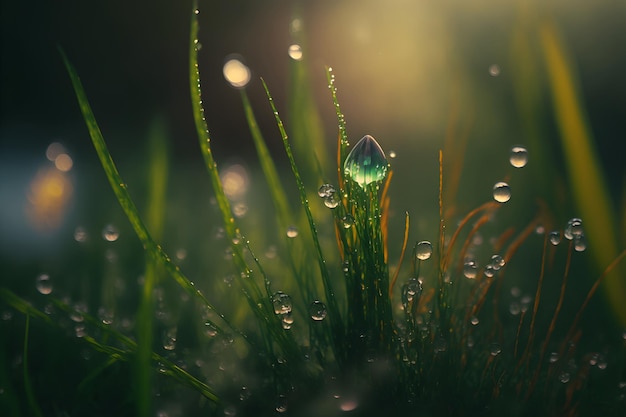 Rugiada sull'erba fresca di primavera nel campo Gocce d'acqua su un filo d'erba dopo la pioggia closeup macro Sfondo sfocato