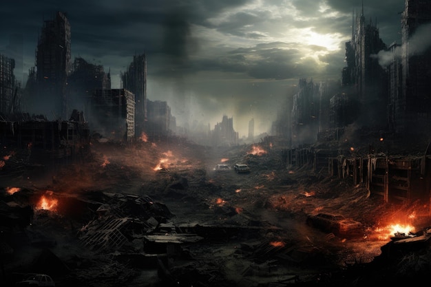 Ruine della città distrutta dall'incendio rendering 3D Un mondo distopico distrutto dalla sovrappopolazione AI Generato