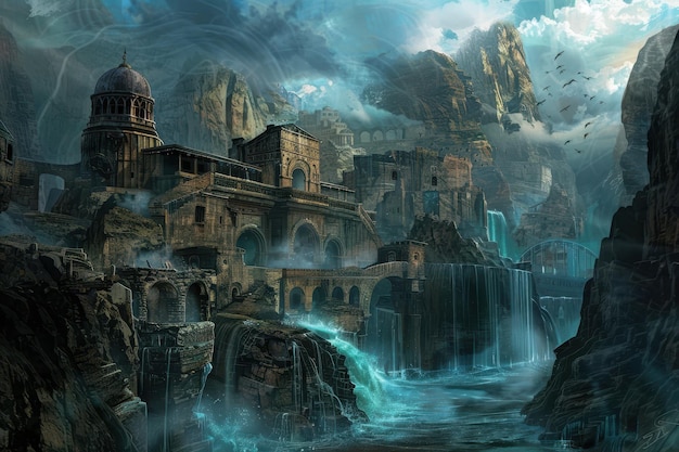 Ruine di antiche città con cascate e montagne