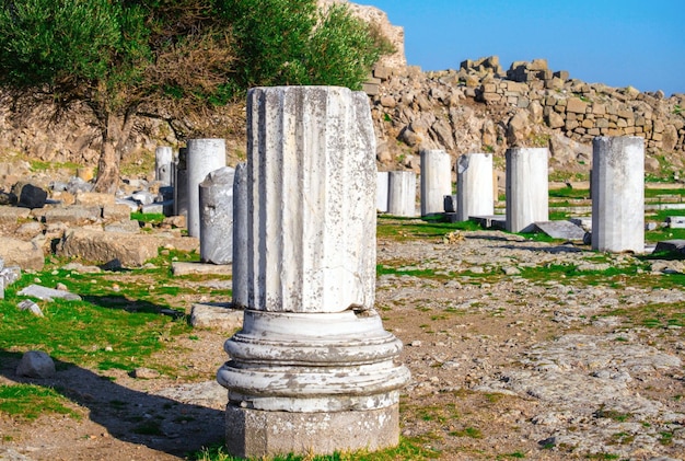 Ruine di colonne nell'antica città di Pergamo in una giornata di sole Bergama Turchia