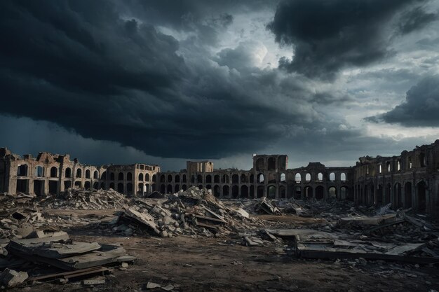 Ruine di un vecchio edificio distrutto sotto un cielo tempestoso