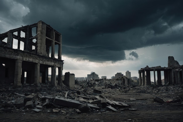 Ruine di un vecchio edificio distrutto sotto un cielo tempestoso