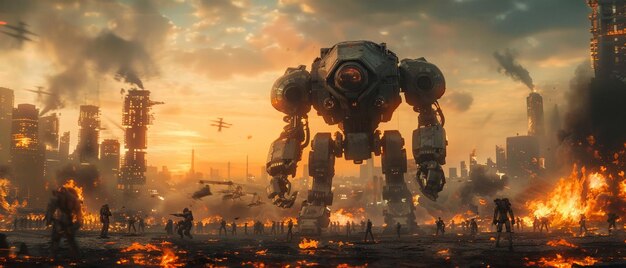Ruine futuristiche guerra robot umanoidi in scontro con gli esseri umani