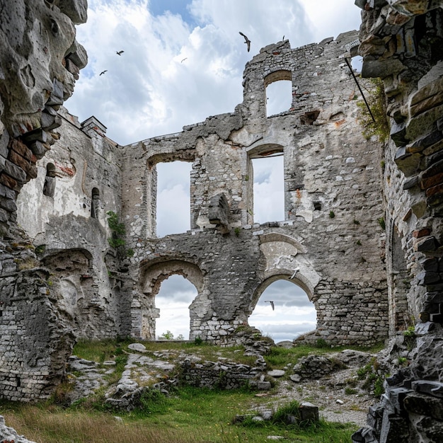 Ruine storiche di un castello medievale con uccelli che volano intorno